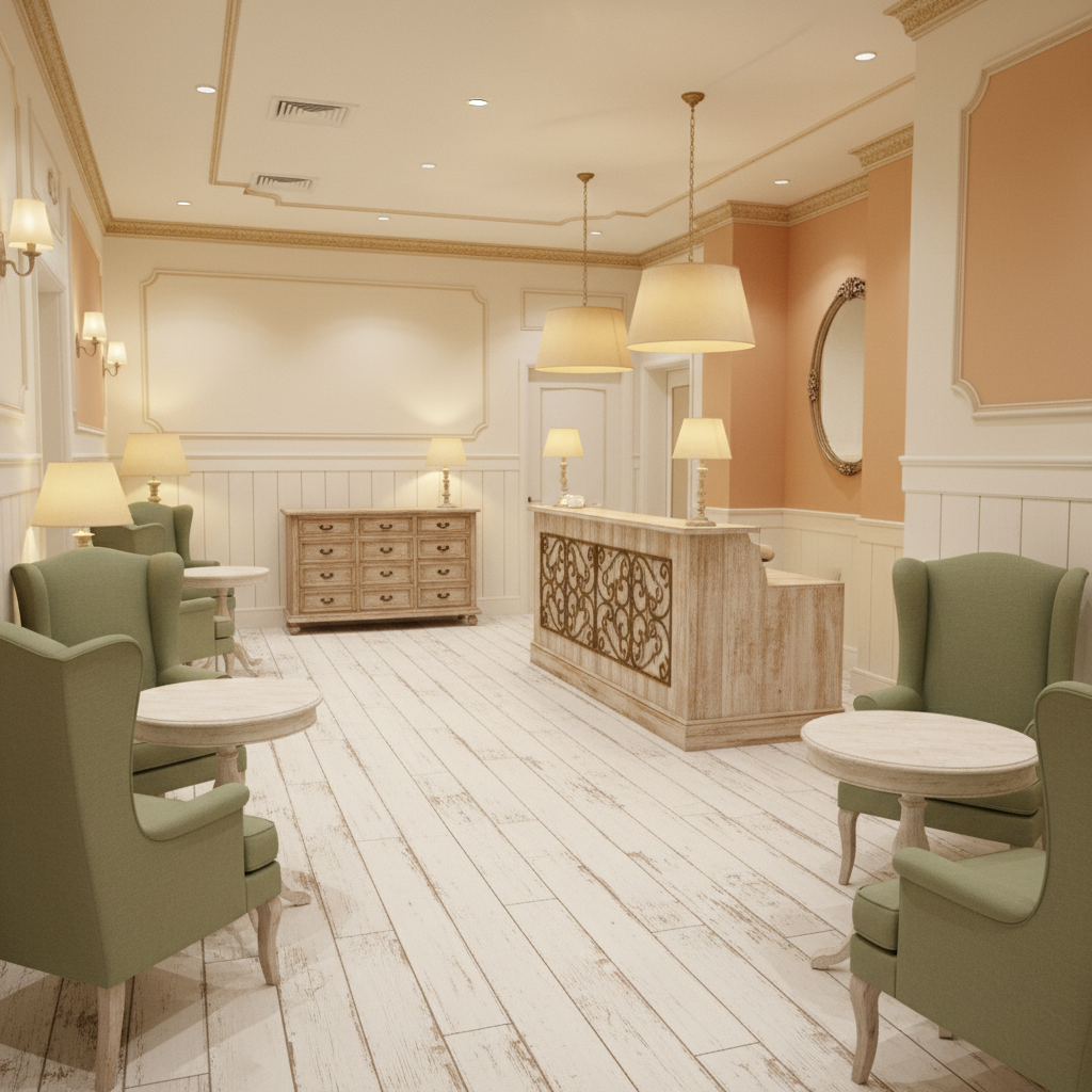 Diseñe un consultorio médico con un estilo Shabby Chic, incorporando elementos vintage y deteriorado - Interior diseño