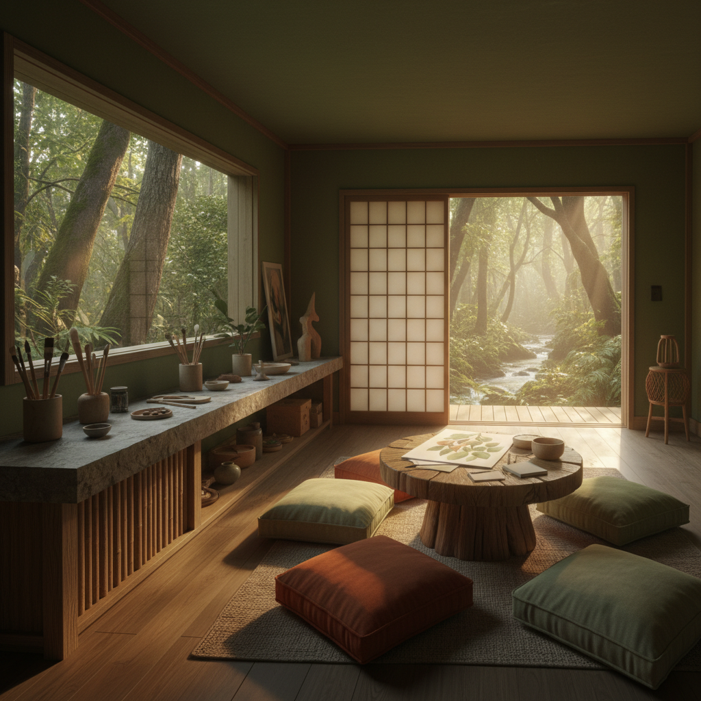 Imagina un taller creativo sereno, escondido en un bosque tranquilo, donde la luz natural filtra a t - Interior diseño