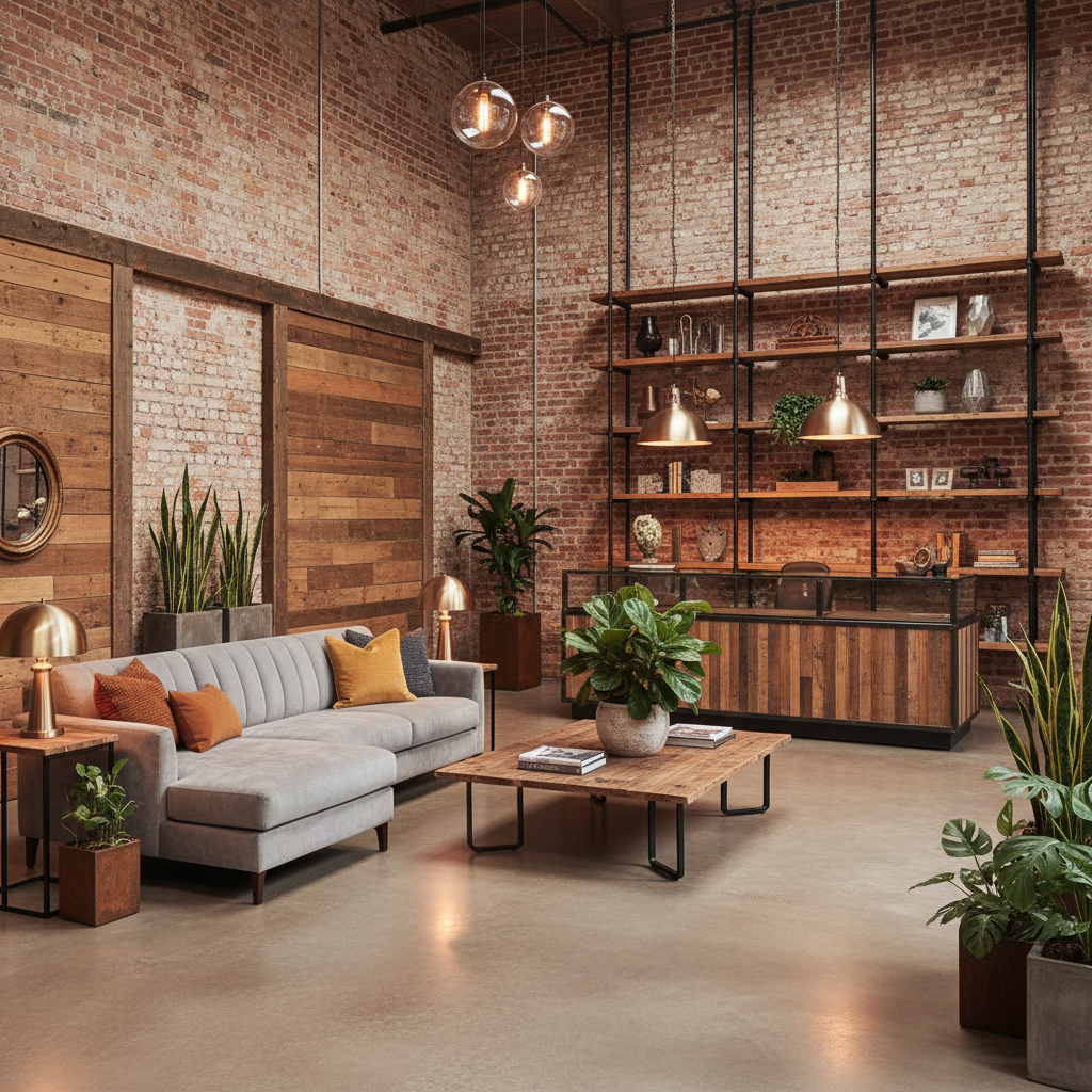 Diseñe un Área de Recepción en estilo Industrial suave, caracterizado por paredes de ladrillo expues - Interior diseño